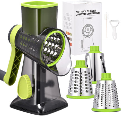 Rotary Cheese Grater with Handle Kitchen Shredder Slicer Grater Slicer Ice Shaver Cheese Vegetable Nuts Potato Zucchini Chocolate 3 Interchangeable Blades (GreyBlue