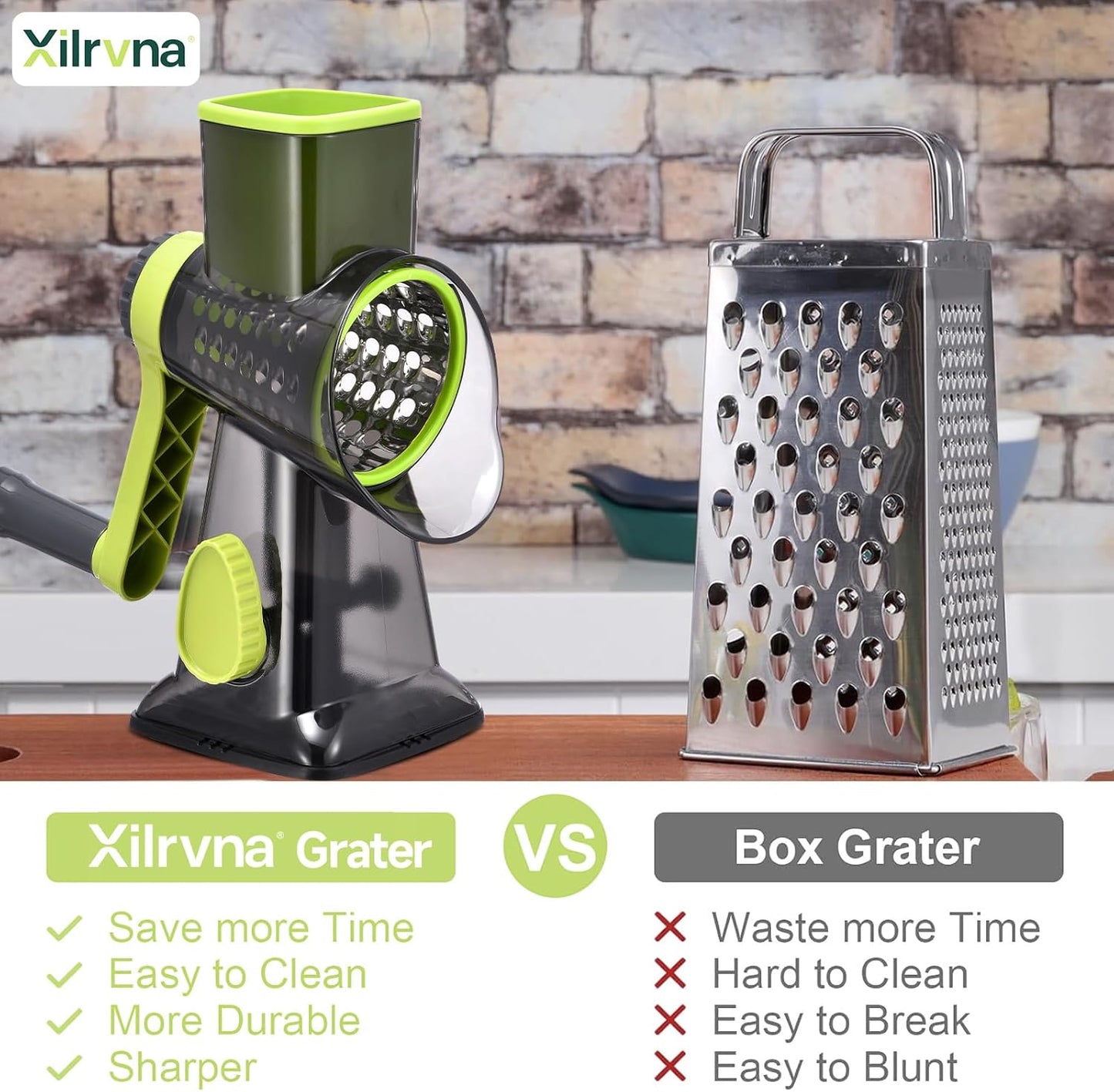 Rotary Cheese Grater with Handle Kitchen Shredder Slicer Grater Slicer Ice Shaver Cheese Vegetable Nuts Potato Zucchini Chocolate 3 Interchangeable Blades (GreyBlue