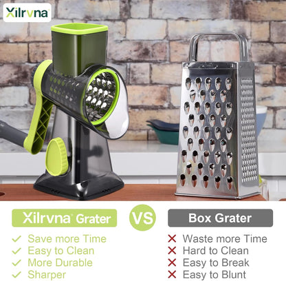 Rotary Cheese Grater with Handle Kitchen Shredder Slicer Grater Slicer Ice Shaver Cheese Vegetable Nuts Potato Zucchini Chocolate 3 Interchangeable Blades (GreyBlue
