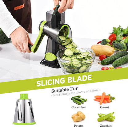 Rotary Cheese Grater with Handle Kitchen Shredder Slicer Grater Slicer Ice Shaver Cheese Vegetable Nuts Potato Zucchini Chocolate 3 Interchangeable Blades (GreyBlue