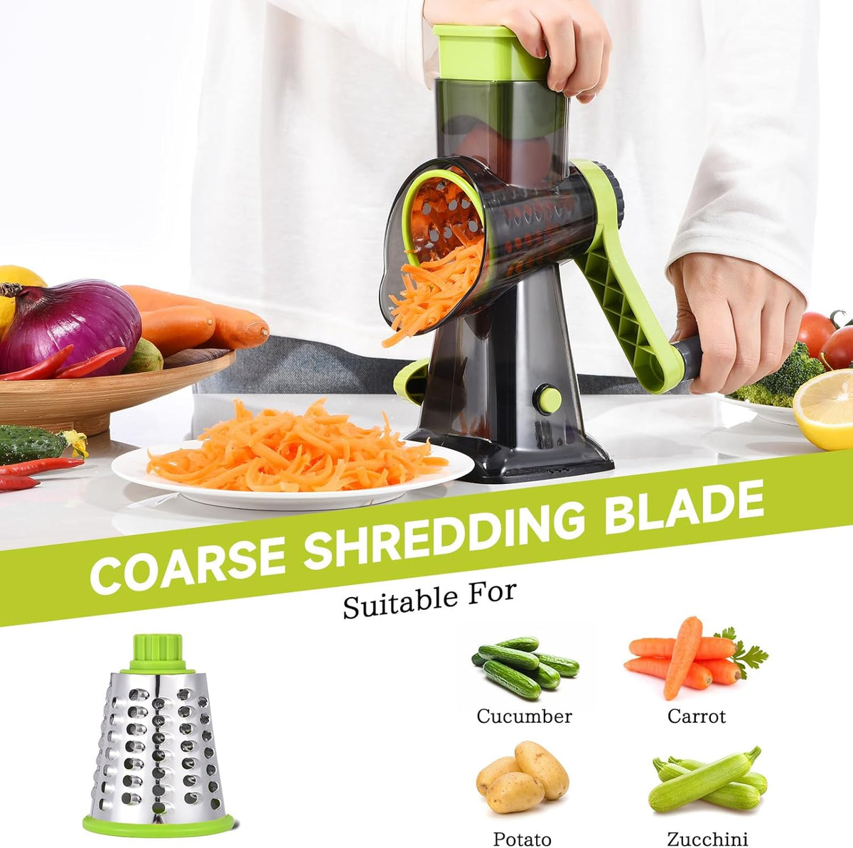 Rotary Cheese Grater with Handle Kitchen Shredder Slicer Grater Slicer Ice Shaver Cheese Vegetable Nuts Potato Zucchini Chocolate 3 Interchangeable Blades (GreyBlue