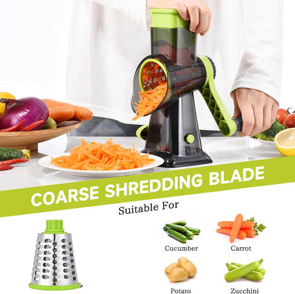 Rotary Cheese Grater with Handle Kitchen Shredder Slicer Grater Slicer Ice Shaver Cheese Vegetable Nuts Potato Zucchini Chocolate 3 Interchangeable Blades (GreyBlue