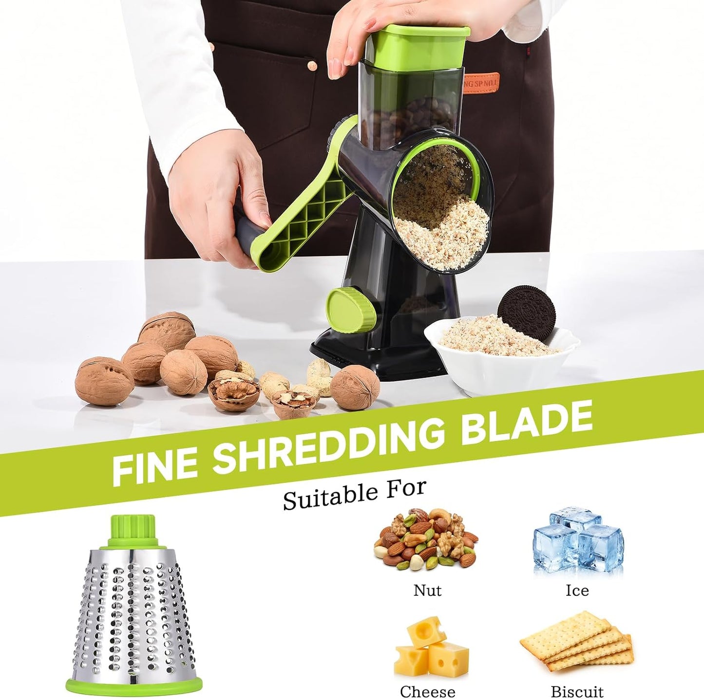 Rotary Cheese Grater with Handle Kitchen Shredder Slicer Grater Slicer Ice Shaver Cheese Vegetable Nuts Potato Zucchini Chocolate 3 Interchangeable Blades (GreyBlue