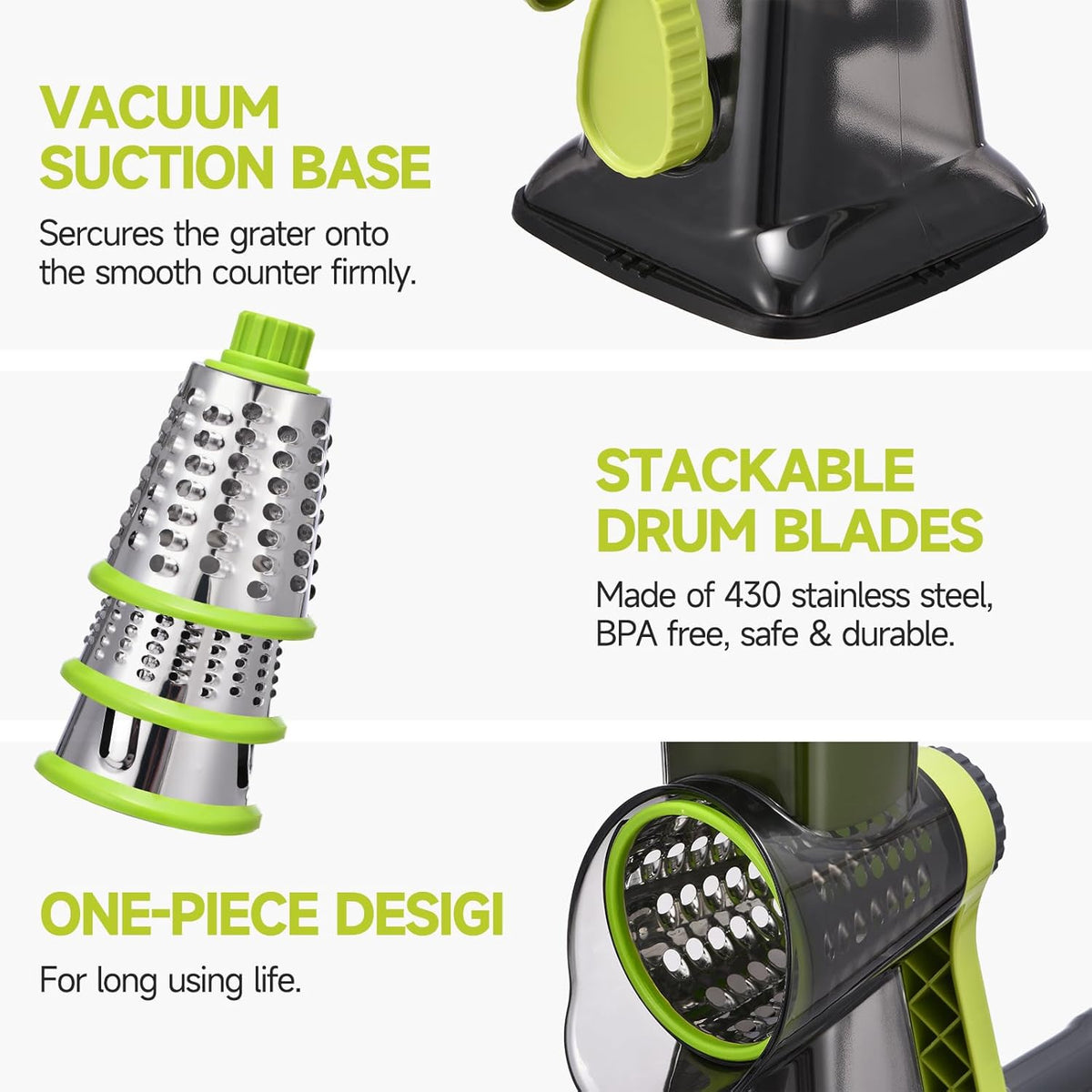 Rotary Cheese Grater with Handle Kitchen Shredder Slicer Grater Slicer Ice Shaver Cheese Vegetable Nuts Potato Zucchini Chocolate 3 Interchangeable Blades (GreyBlue