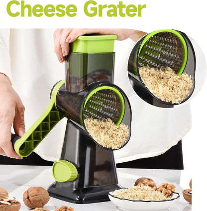 Rotary Cheese Grater with Handle Kitchen Shredder Slicer Grater Slicer Ice Shaver Cheese Vegetable Nuts Potato Zucchini Chocolate 3 Interchangeable Blades (GreyBlue