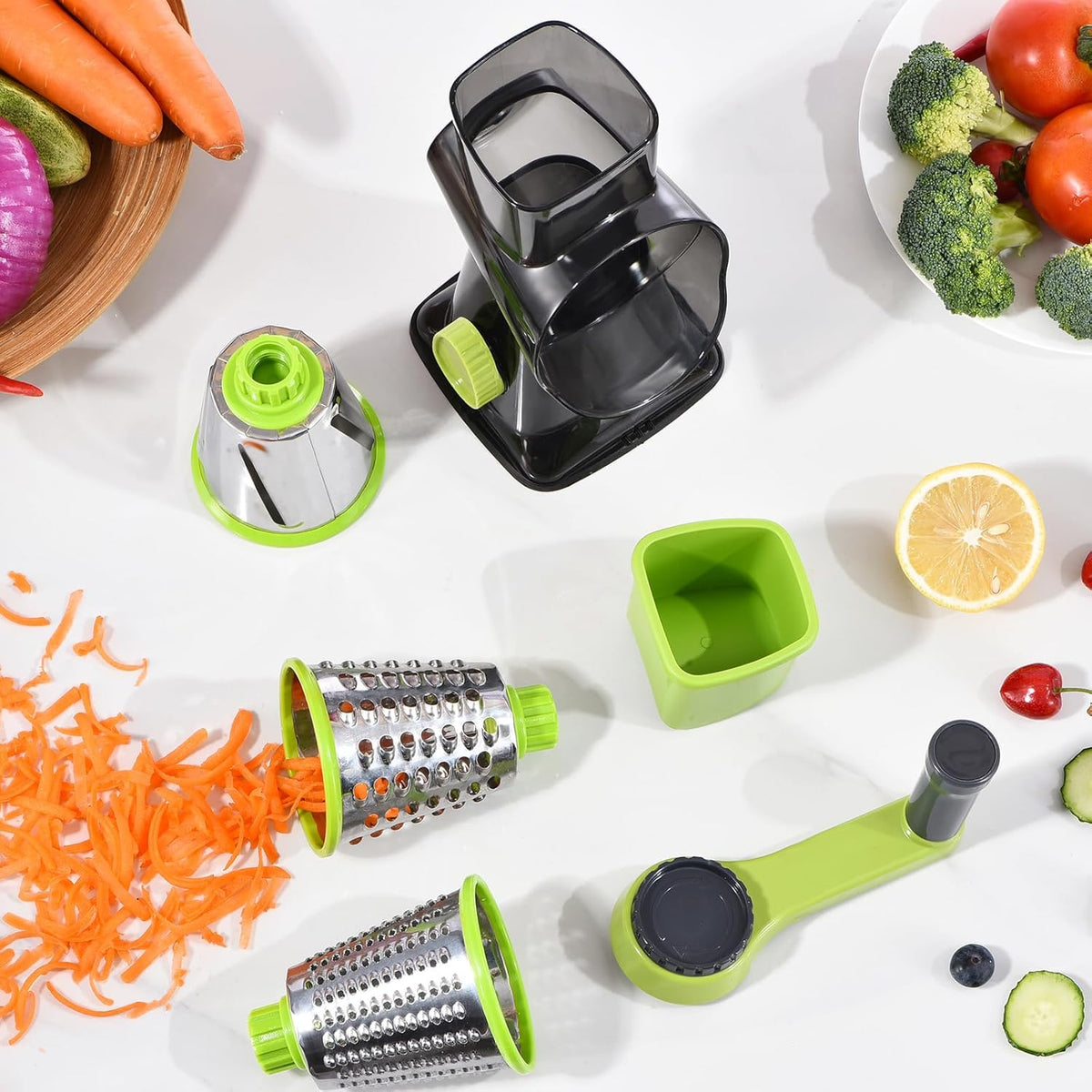 Rotary Cheese Grater with Handle Kitchen Shredder Slicer Grater Slicer Ice Shaver Cheese Vegetable Nuts Potato Zucchini Chocolate 3 Interchangeable Blades (GreyBlue