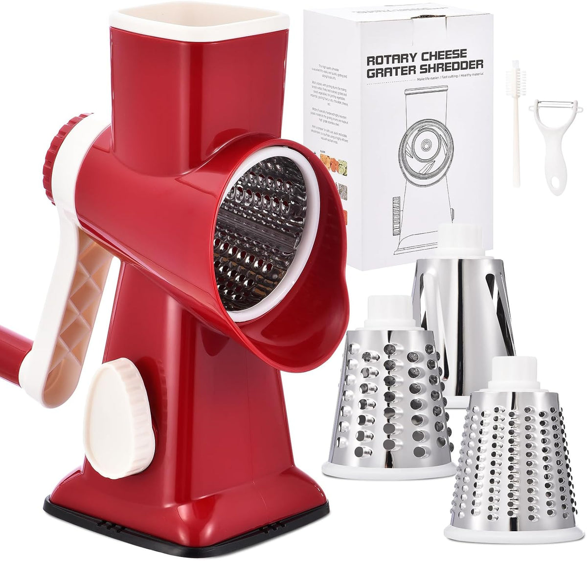Rotary Cheese Grater with Handle Kitchen Shredder Slicer Grater Slicer Ice Shaver Cheese Vegetable Nuts Potato Zucchini Chocolate 3 Interchangeable Blades (GreyBlue
