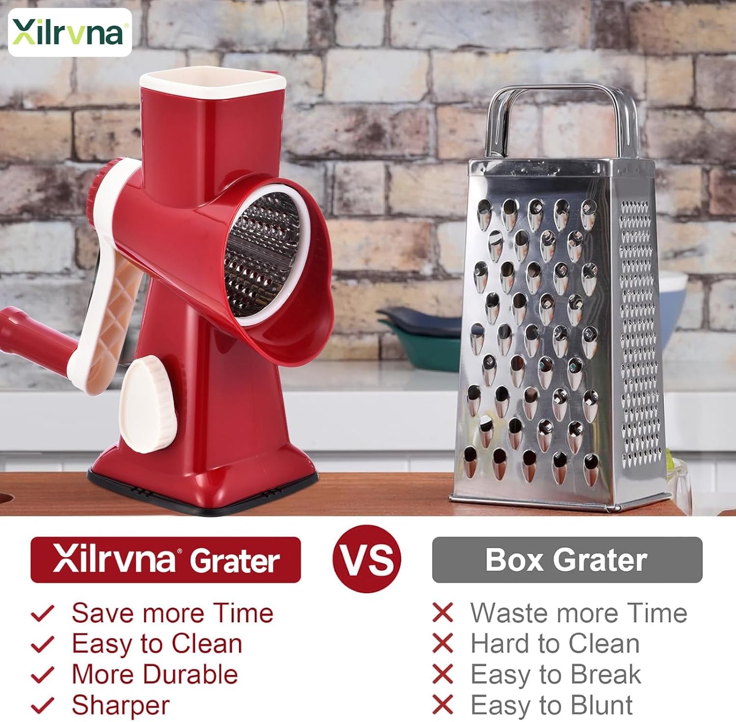 Rotary Cheese Grater with Handle Kitchen Shredder Slicer Grater Slicer Ice Shaver Cheese Vegetable Nuts Potato Zucchini Chocolate 3 Interchangeable Blades (GreyBlue