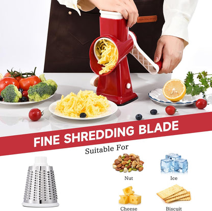 Rotary Cheese Grater with Handle Kitchen Shredder Slicer Grater Slicer Ice Shaver Cheese Vegetable Nuts Potato Zucchini Chocolate 3 Interchangeable Blades (GreyBlue