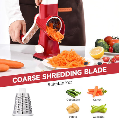Rotary Cheese Grater with Handle Kitchen Shredder Slicer Grater Slicer Ice Shaver Cheese Vegetable Nuts Potato Zucchini Chocolate 3 Interchangeable Blades (GreyBlue