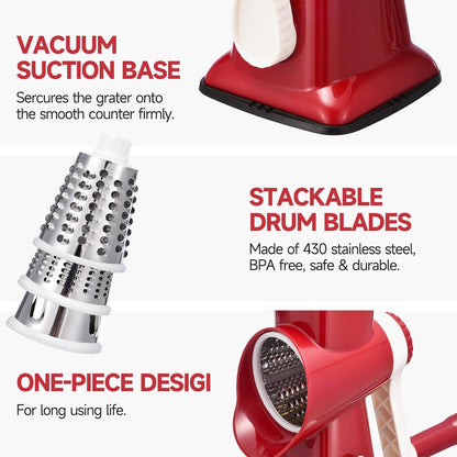Rotary Cheese Grater with Handle Kitchen Shredder Slicer Grater Slicer Ice Shaver Cheese Vegetable Nuts Potato Zucchini Chocolate 3 Interchangeable Blades (GreyBlue