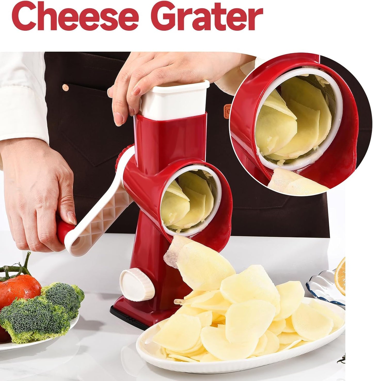 Rotary Cheese Grater with Handle Kitchen Shredder Slicer Grater Slicer Ice Shaver Cheese Vegetable Nuts Potato Zucchini Chocolate 3 Interchangeable Blades (GreyBlue