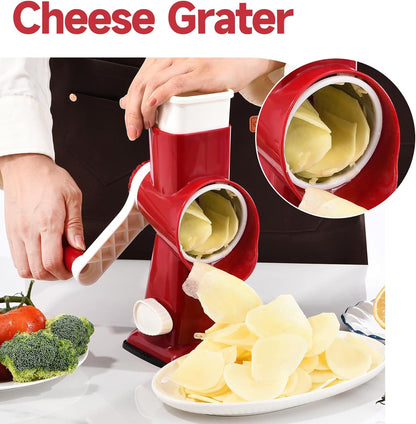 Rotary Cheese Grater with Handle Kitchen Shredder Slicer Grater Slicer Ice Shaver Cheese Vegetable Nuts Potato Zucchini Chocolate 3 Interchangeable Blades (GreyBlue