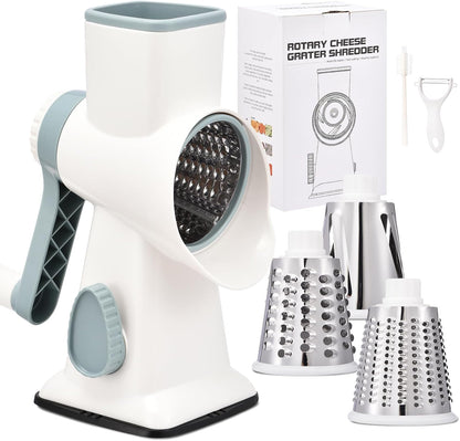 Rotary Cheese Grater with Handle Kitchen Shredder Slicer Grater Slicer Ice Shaver Cheese Vegetable Nuts Potato Zucchini Chocolate 3 Interchangeable Blades (GreyBlue