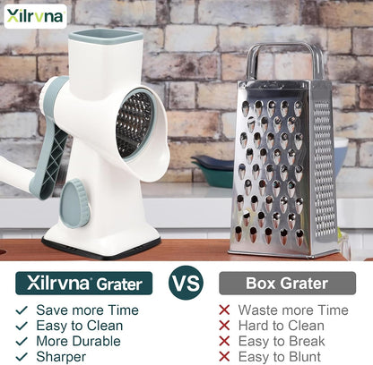 Rotary Cheese Grater with Handle Kitchen Shredder Slicer Grater Slicer Ice Shaver Cheese Vegetable Nuts Potato Zucchini Chocolate 3 Interchangeable Blades (GreyBlue
