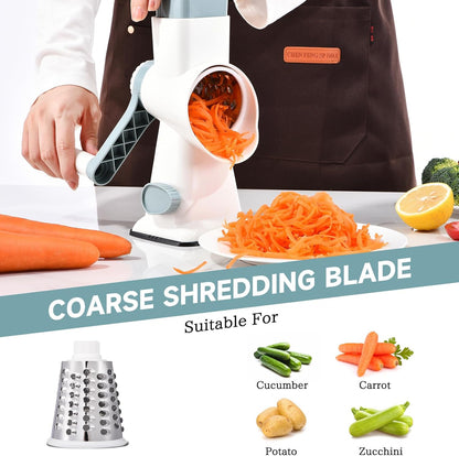 Rotary Cheese Grater with Handle Kitchen Shredder Slicer Grater Slicer Ice Shaver Cheese Vegetable Nuts Potato Zucchini Chocolate 3 Interchangeable Blades (GreyBlue