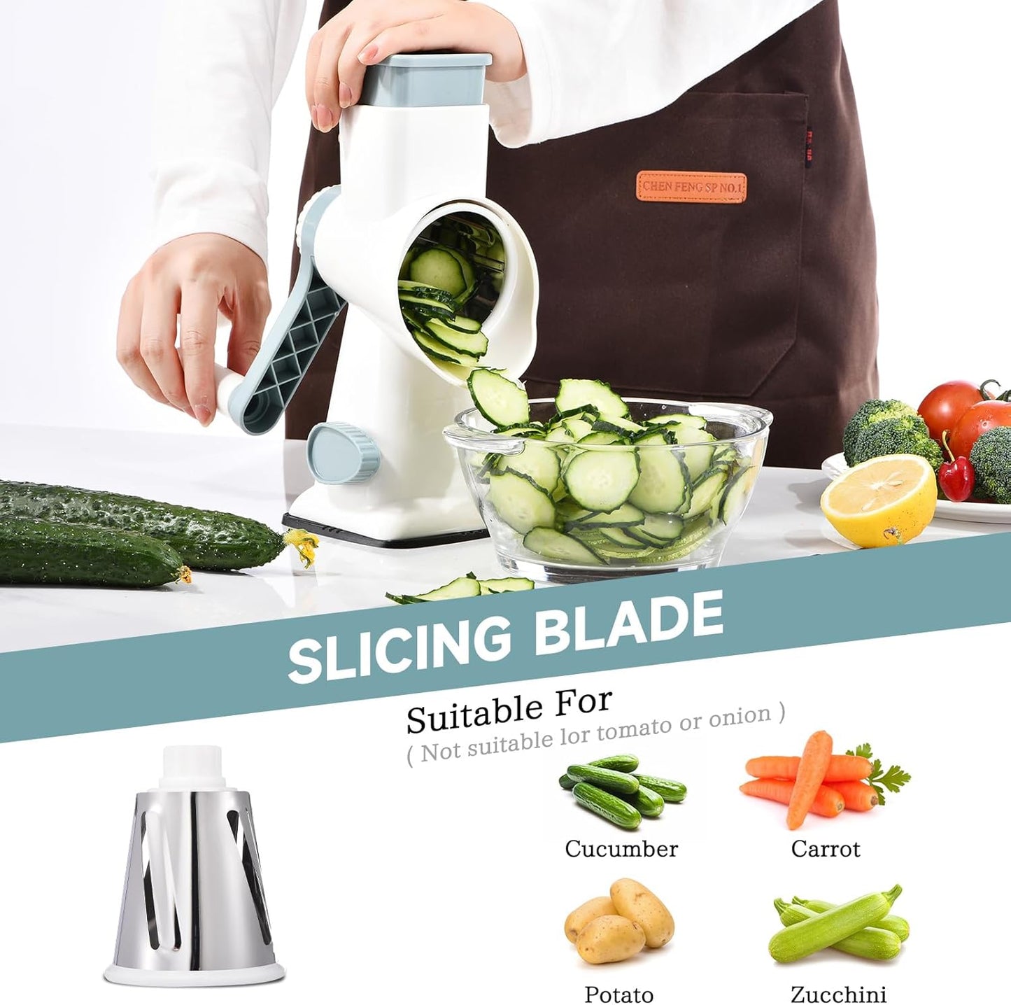 Rotary Cheese Grater with Handle Kitchen Shredder Slicer Grater Slicer Ice Shaver Cheese Vegetable Nuts Potato Zucchini Chocolate 3 Interchangeable Blades (GreyBlue