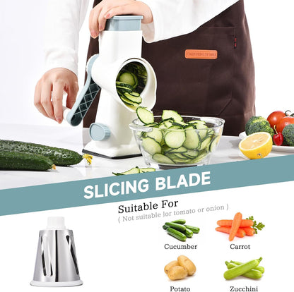 Rotary Cheese Grater with Handle Kitchen Shredder Slicer Grater Slicer Ice Shaver Cheese Vegetable Nuts Potato Zucchini Chocolate 3 Interchangeable Blades (GreyBlue