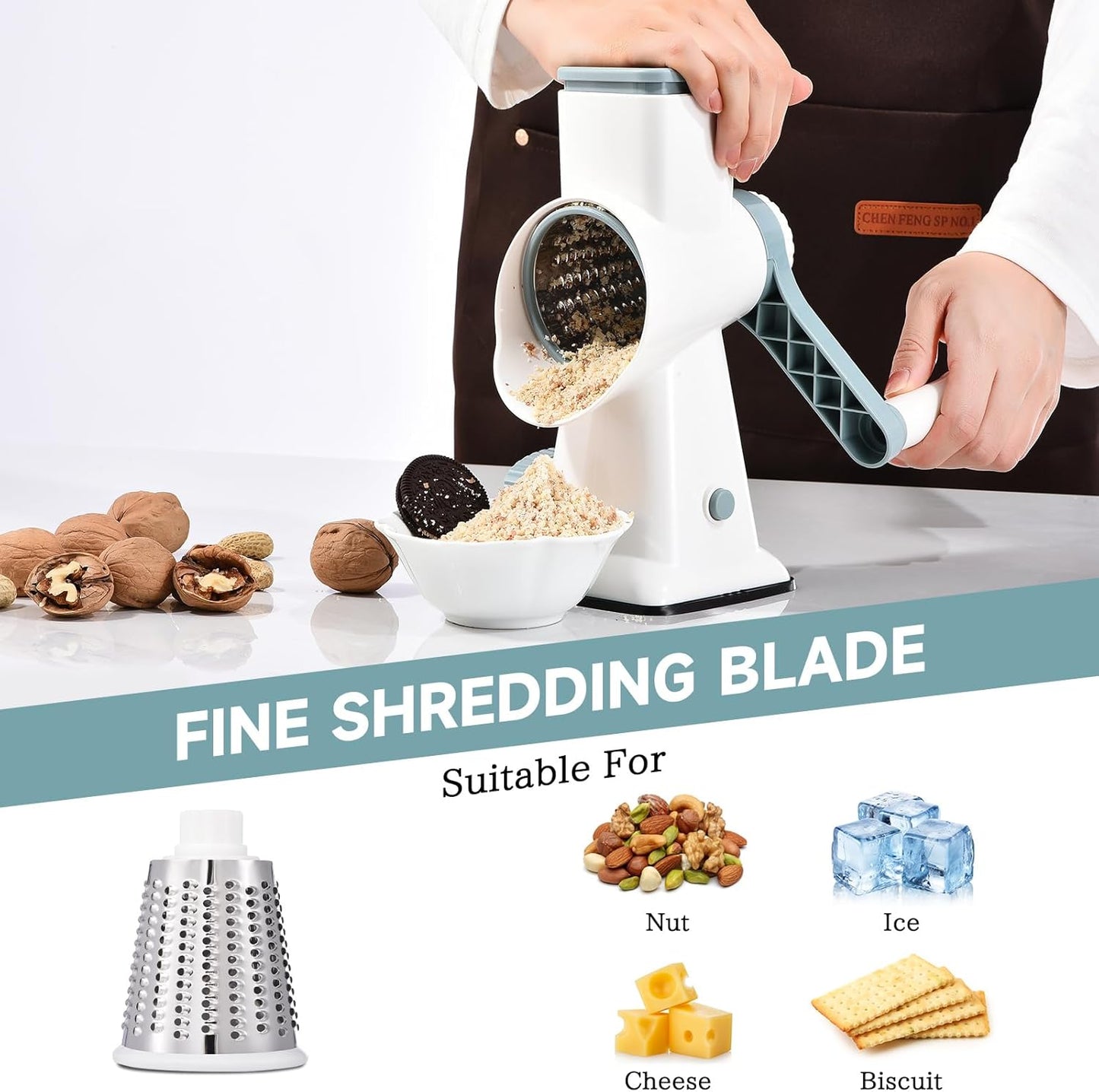 Rotary Cheese Grater with Handle Kitchen Shredder Slicer Grater Slicer Ice Shaver Cheese Vegetable Nuts Potato Zucchini Chocolate 3 Interchangeable Blades (GreyBlue