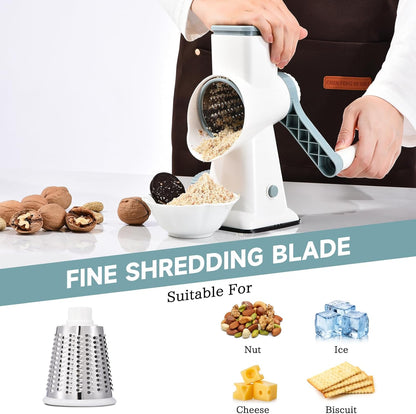 Rotary Cheese Grater with Handle Kitchen Shredder Slicer Grater Slicer Ice Shaver Cheese Vegetable Nuts Potato Zucchini Chocolate 3 Interchangeable Blades (GreyBlue
