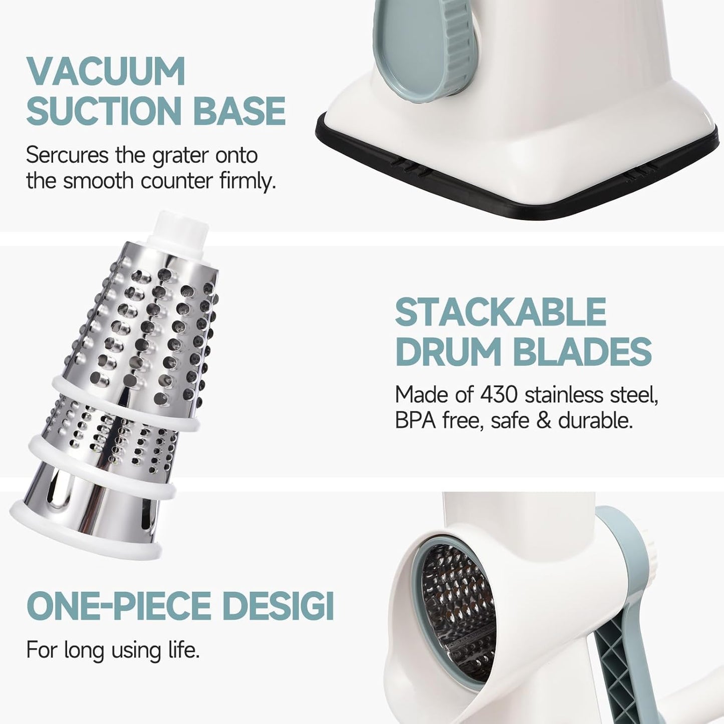Rotary Cheese Grater with Handle Kitchen Shredder Slicer Grater Slicer Ice Shaver Cheese Vegetable Nuts Potato Zucchini Chocolate 3 Interchangeable Blades (GreyBlue