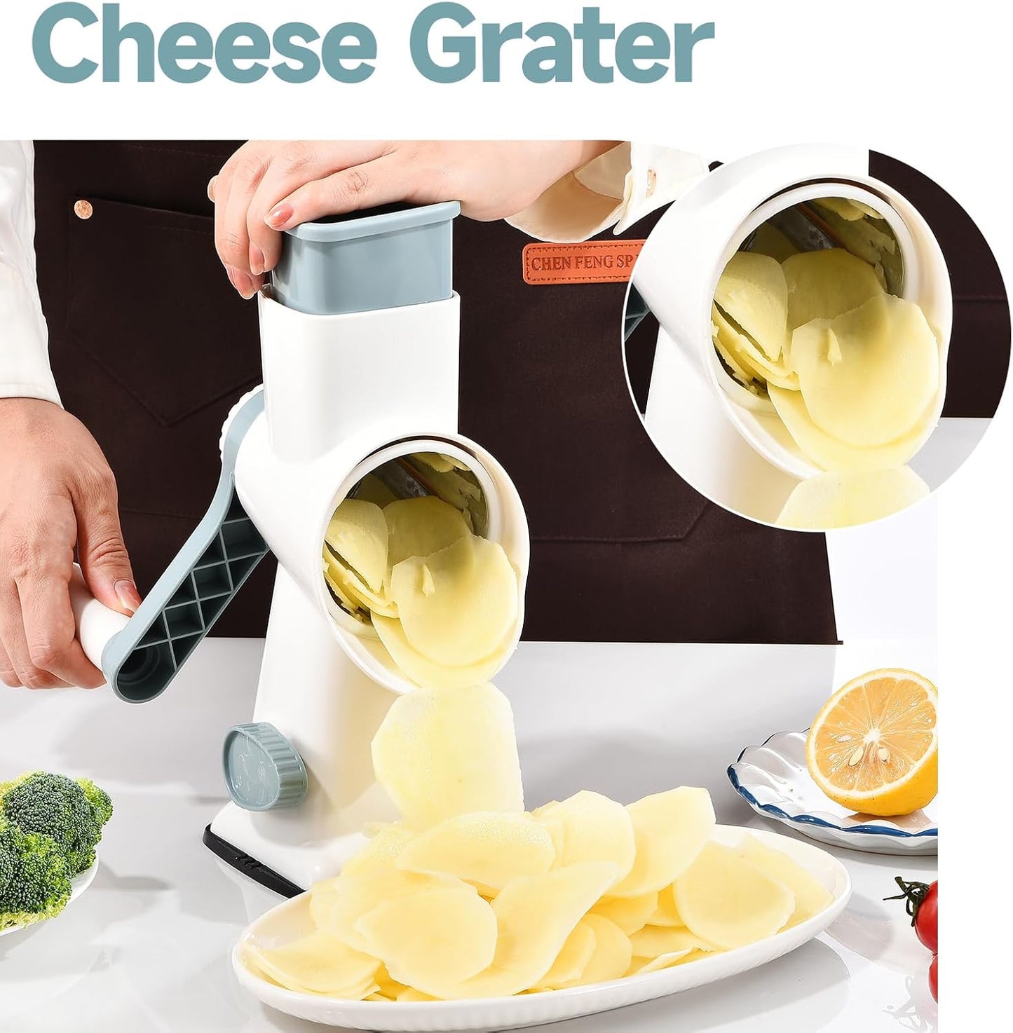 Rotary Cheese Grater with Handle Kitchen Shredder Slicer Grater Slicer Ice Shaver Cheese Vegetable Nuts Potato Zucchini Chocolate 3 Interchangeable Blades (GreyBlue