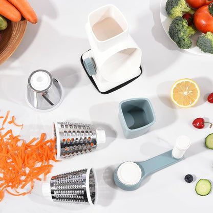 Rotary Cheese Grater with Handle Kitchen Shredder Slicer Grater Slicer Ice Shaver Cheese Vegetable Nuts Potato Zucchini Chocolate 3 Interchangeable Blades (GreyBlue