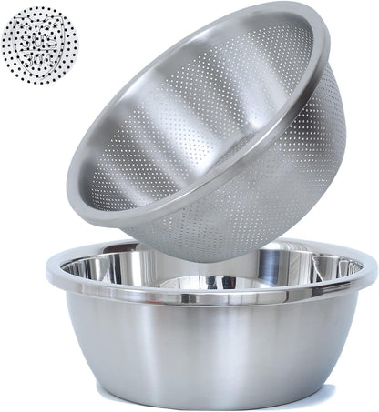 304 Stainless Steel Fine Mesh Colander Set, 2QT Large Capacity Strainer with Mixing Bowl — Rinse Fruits, Veggies, Rice & Drain Pasta, Dishwasher Safe (2-Piece)