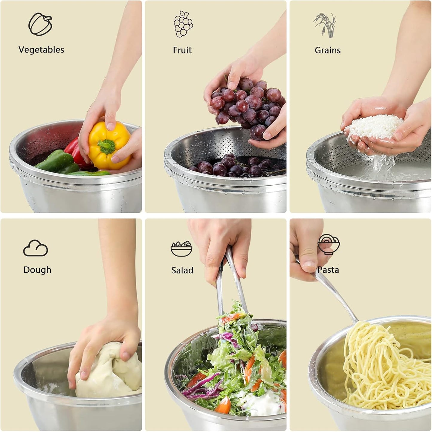 304 Stainless Steel Fine Mesh Colander Set, 2QT Large Capacity Strainer with Mixing Bowl — Rinse Fruits, Veggies, Rice & Drain Pasta, Dishwasher Safe (2-Piece)