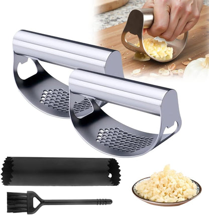 Stainless Steel Garlic Press, 2025 Upgraded Garlic Press Rocker Chopper, Garlic Crusher Mincer Tool with Peeler and Cleaning Brush, Easy to Clean Kitchen Gadgets (1)