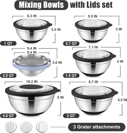Mixing Bowls with Lids Set, 15PCS Stainless Steel Mixing Nesting Bowl with Colander & 3 Metal Grater for Kitchen Prep/Baking/Storage, Non-Slip Bottom & Airtight Lid, 4.6, 3, 1.5, 1, 0.7QT, Black