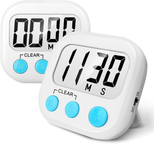 2 Pack Digital Kitchen Timer for Cooking Big Digits Loud Alarm Magnetic Backing Stand Cooking Timers for Baking White | Big Digits, Loud Alarm, Strong Magnetic, Large Screen, Countdown, Pomodoro, Stopwatch, Classroom Timers for Teachers