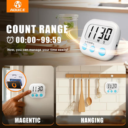 2 Pack Digital Kitchen Timer for Cooking Big Digits Loud Alarm Magnetic Backing Stand Cooking Timers for Baking White | Big Digits, Loud Alarm, Strong Magnetic, Large Screen, Countdown, Pomodoro, Stopwatch, Classroom Timers for Teachers