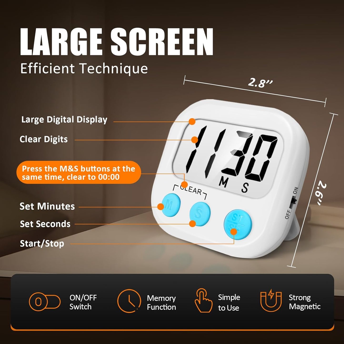 2 Pack Digital Kitchen Timer for Cooking Big Digits Loud Alarm Magnetic Backing Stand Cooking Timers for Baking White | Big Digits, Loud Alarm, Strong Magnetic, Large Screen, Countdown, Pomodoro, Stopwatch, Classroom Timers for Teachers