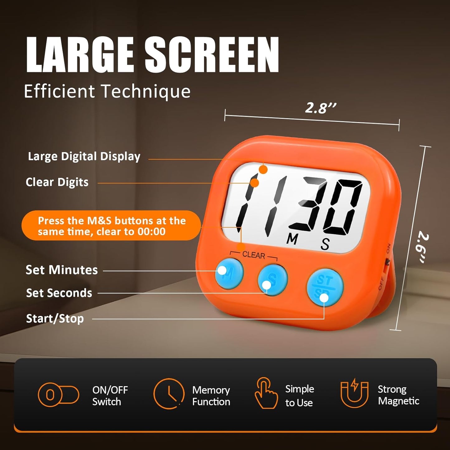 2 Pack Digital Kitchen Timer for Cooking Big Digits Loud Alarm Magnetic Backing Stand Cooking Timers for Baking White | Big Digits, Loud Alarm, Strong Magnetic, Large Screen, Countdown, Pomodoro, Stopwatch, Classroom Timers for Teachers