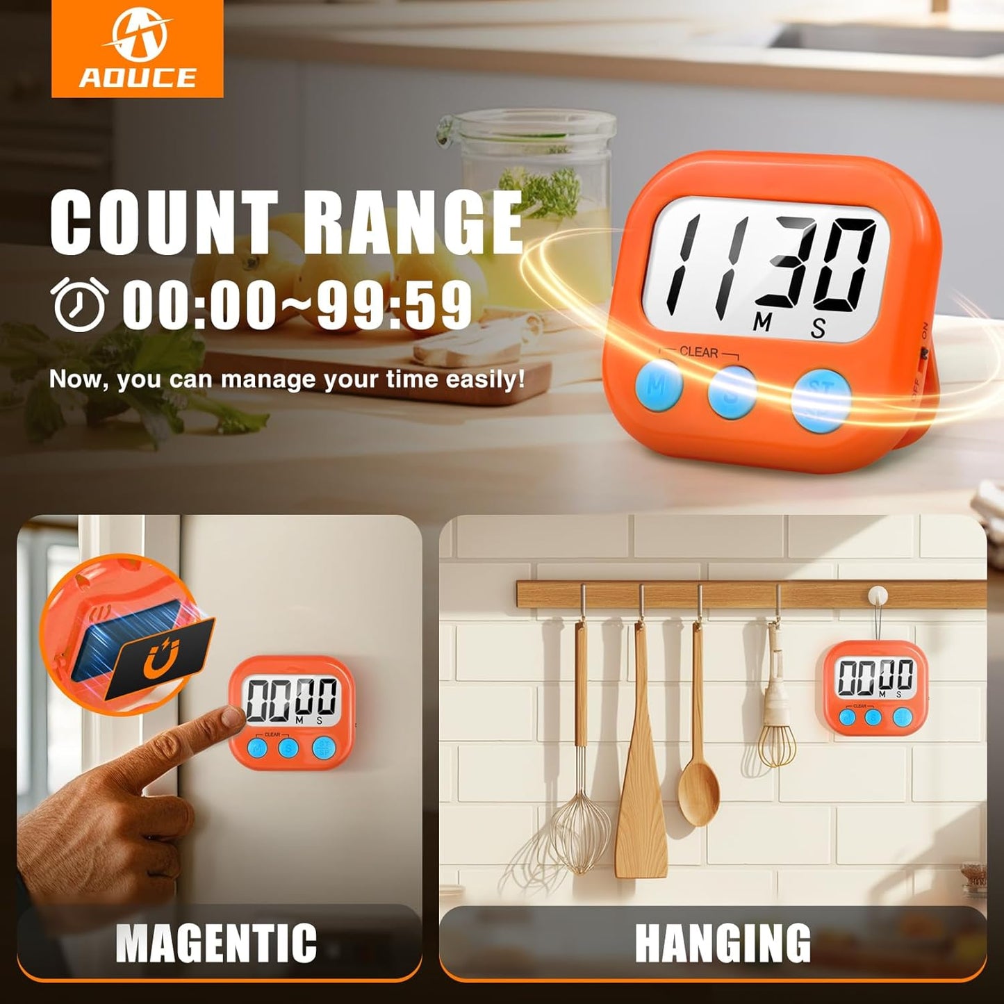 2 Pack Digital Kitchen Timer for Cooking Big Digits Loud Alarm Magnetic Backing Stand Cooking Timers for Baking White | Big Digits, Loud Alarm, Strong Magnetic, Large Screen, Countdown, Pomodoro, Stopwatch, Classroom Timers for Teachers