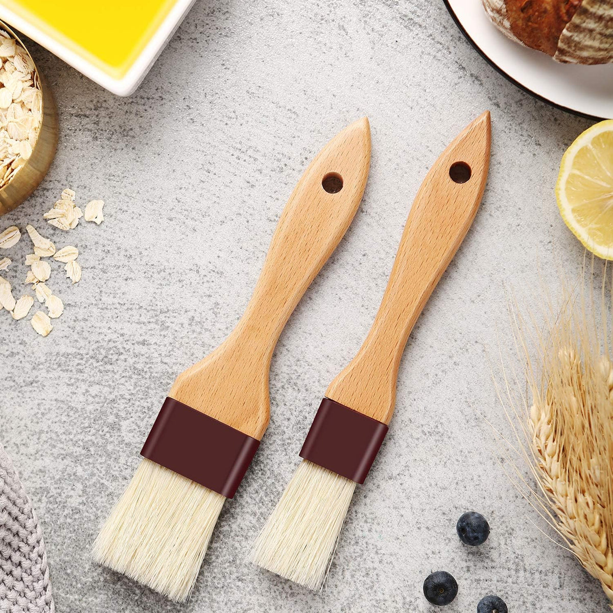 1 inch & 1.5 inch Pastry Brush Natural Boar Bristle Basting Brush Kitchen | Oil Brush with Beech Wooden Handle and Hanging Rope String Grill BBQ Sauce Baster Baking Cooking Marinade Brushes (Pack of 2)