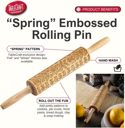 Embossed Beech Wood Rolling Pin – 15.25 Inches, Spring Floral Imprint for Baking, Durable Wood Rolling Pin for Cookies, Pastries & Fondant, Elegant Carved Design, Handwash Recommended