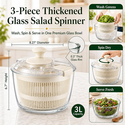 Glass Salad Spinner 3.2 Qt, Small Salad Spinner with Glass Bowl Removable Lid for Easy Cleaning Dishwasher Safe Glass Bowl Vegetable and Fruit Washer Dryer with Drain Spout Crank Handle White