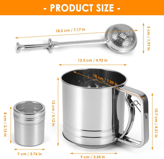 Flour Sifter for Baking, 3 Cup Double-layer Squeeze, Stainless Steel | 3 in 1 Flour Sieve Fine Mesh Sifter, Baking Sifter, Powdered Sugar Shaker Duster Set for Baking Cakes, Pastries, Desserts