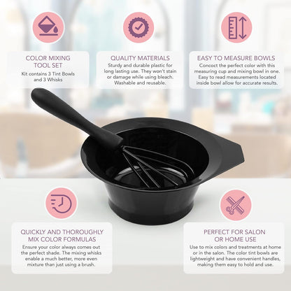 Hair Dye Bowl and Whisk Set - 3 Salon Tint Mixing Bowls - 3 Color Whisks