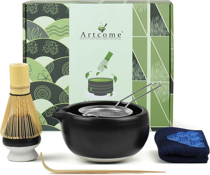 7 Pcs Complete Matcha Ceremony Kit for Tea Ceremony, Bowl with Pouring Spout, Whisk, Tea Scoop, Matcha Powder Strainer, Matchatools For Making Usucha, Koicha and Matcha Latte (Black)