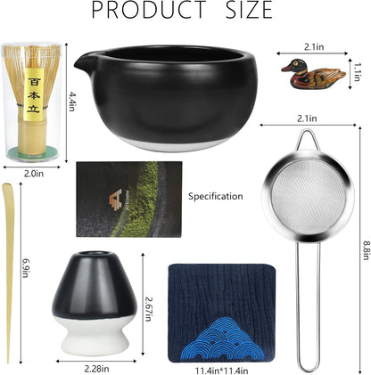 7 Pcs Complete Matcha Ceremony Kit for Tea Ceremony, Bowl with Pouring Spout, Whisk, Tea Scoop, Matcha Powder Strainer, Matchatools For Making Usucha, Koicha and Matcha Latte (Black)