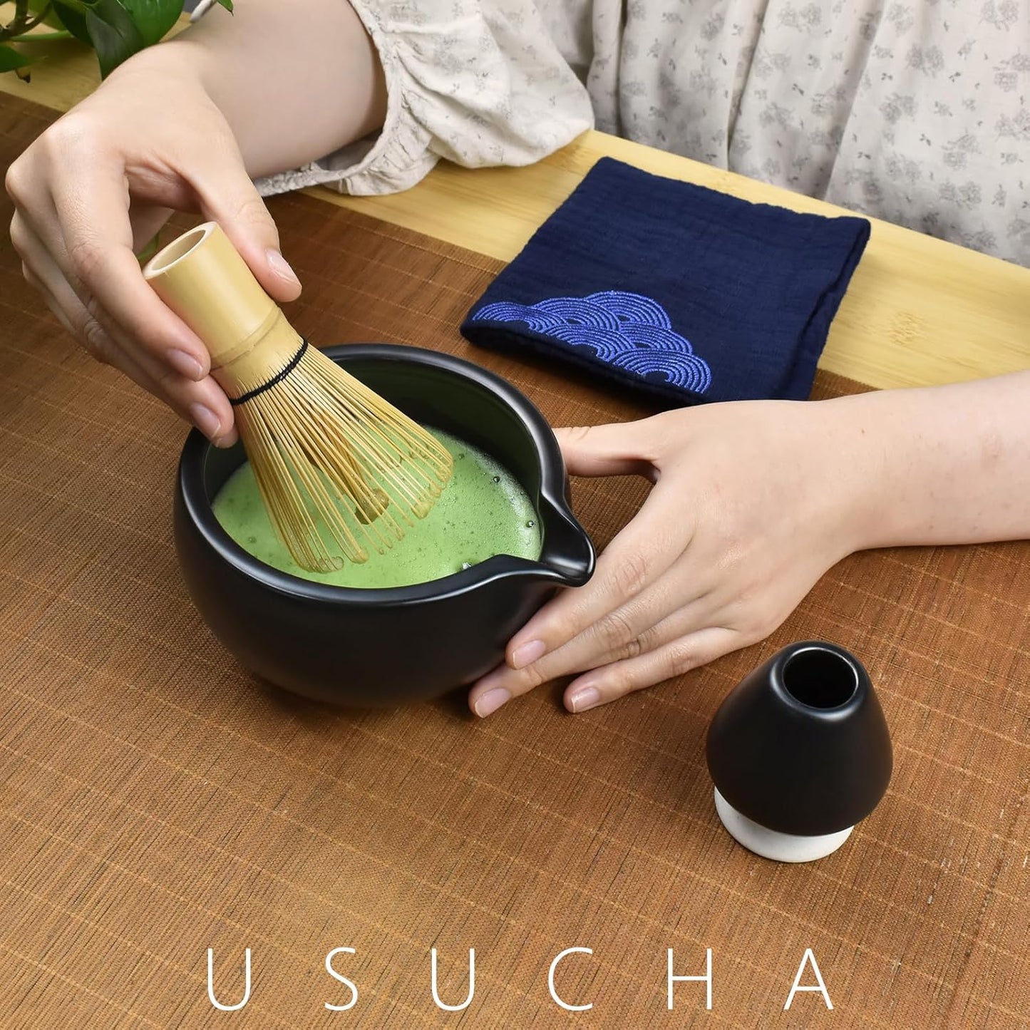 7 Pcs Complete Matcha Ceremony Kit for Tea Ceremony, Bowl with Pouring Spout, Whisk, Tea Scoop, Matcha Powder Strainer, Matchatools For Making Usucha, Koicha and Matcha Latte (Black)