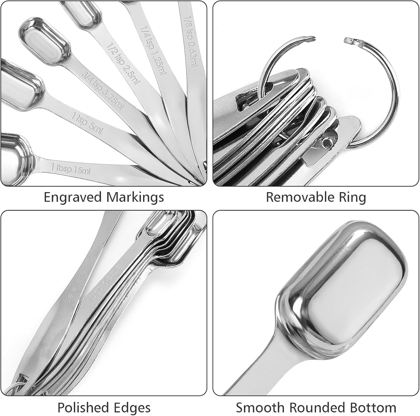 Measuring Spoons, Stainless Steel Measuring Spoons with Leveler, Set of 7 | Food Grade Stainless Steel Material, Stackable Rectangular Tablespoon and Teaspoon for Baking, Cooking Measuring Dry & Liquid