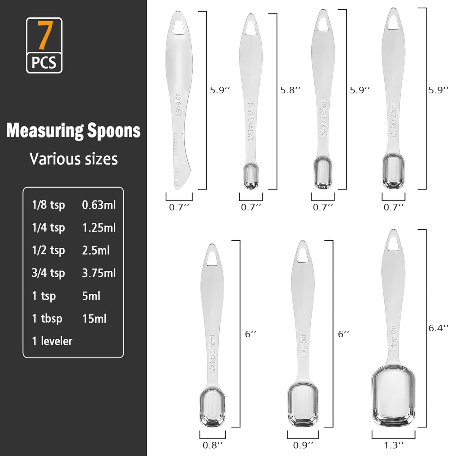 Measuring Spoons, Stainless Steel Measuring Spoons with Leveler, Set of 7 | Food Grade Stainless Steel Material, Stackable Rectangular Tablespoon and Teaspoon for Baking, Cooking Measuring Dry & Liquid