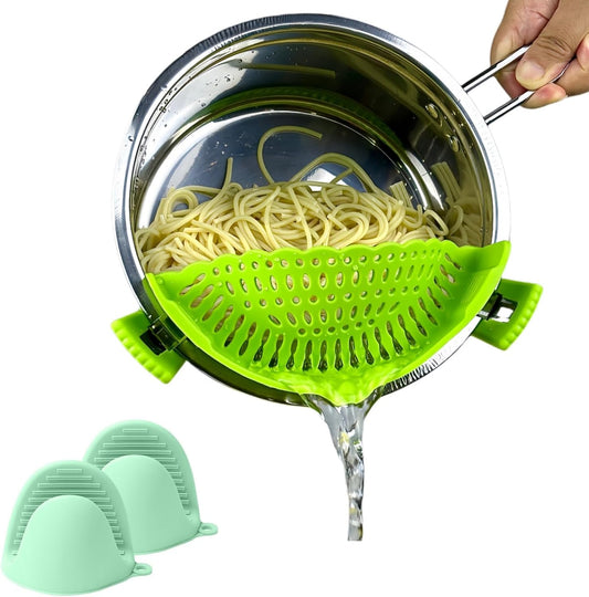 Clip on Strainer Silicone with Silicone Glove | Versatile for All Pans and Pots, Noodle Pasta Pot Strainer Silicone Colander for Vegetables Meat Fruit Spaghetti, Food Strainers (Green)