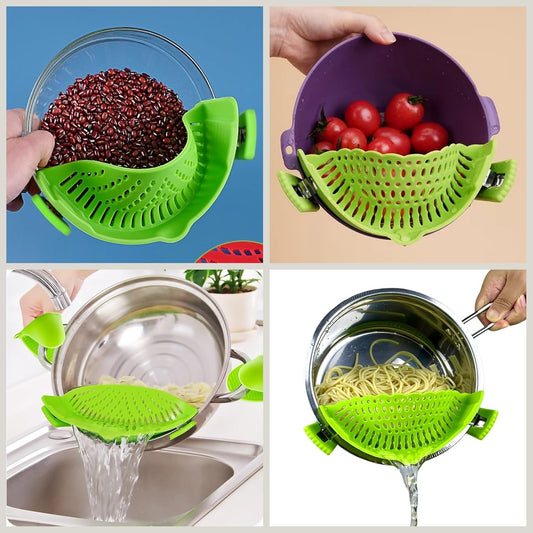 Clip on Strainer Silicone with Silicone Glove | Versatile for All Pans and Pots, Noodle Pasta Pot Strainer Silicone Colander for Vegetables Meat Fruit Spaghetti, Food Strainers (Green)