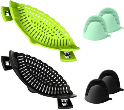 Clip on Strainer Silicone with Silicone Glove | Versatile for All Pans and Pots, Noodle Pasta Pot Strainer Silicone Colander for Vegetables Meat Fruit Spaghetti, Food Strainers (Green)