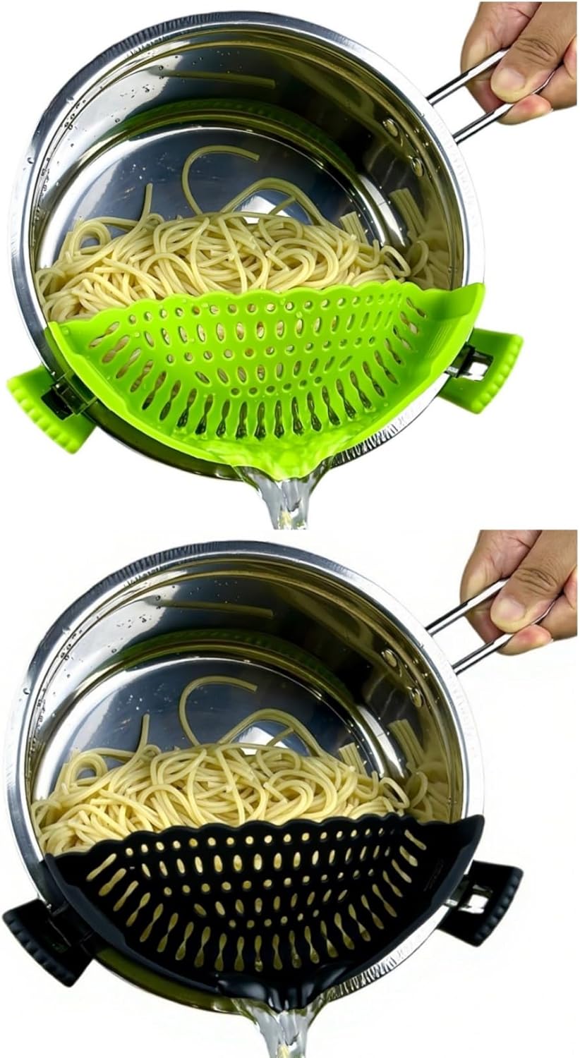 Clip on Strainer Silicone with Silicone Glove | Versatile for All Pans and Pots, Noodle Pasta Pot Strainer Silicone Colander for Vegetables Meat Fruit Spaghetti, Food Strainers (Green)